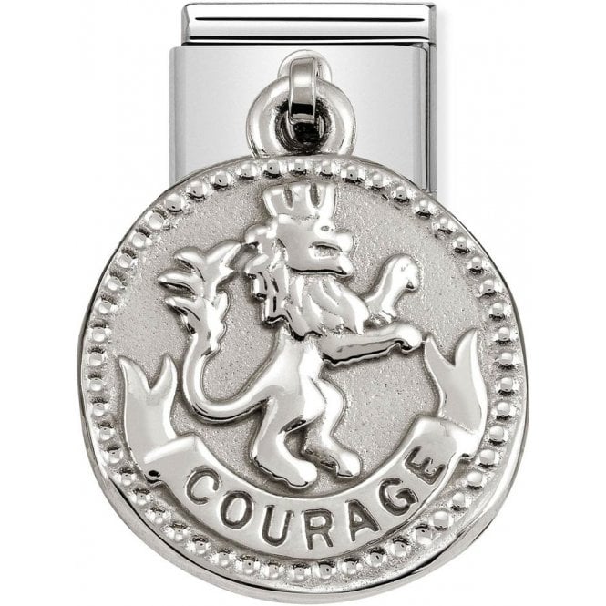 A dangling 'courage' with lion motif Nomination charm