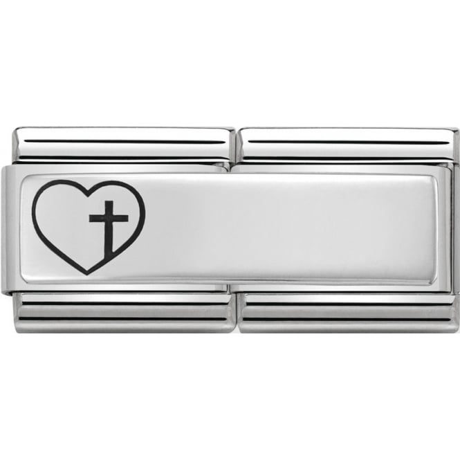 An engravable Nomination charm with a heart and cross on