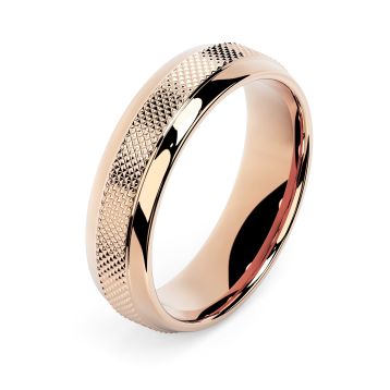 Side view of Macmillan 18ct Rose Gold 6mm Textured Court Wedding Ring